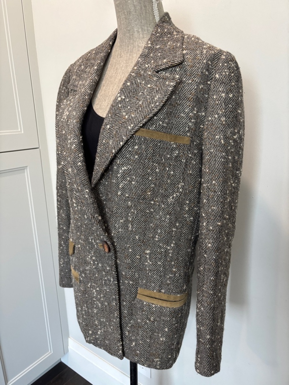 Alan Cherry Herringbone Tweed Blazer Suede Trim Wool Jacket Size 46 - Picture 5 of 15